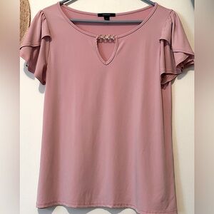 Pretty Pink Exspesso short sleeve, flutter layer sleeves. Gold w/ rhinestones.